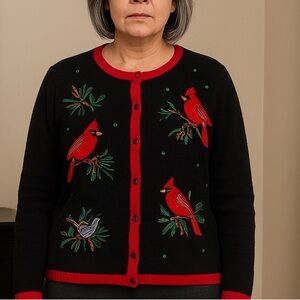 Hampshire Studios Black Cardigan with Bird Embroidery Vintage, Ugly Christmas